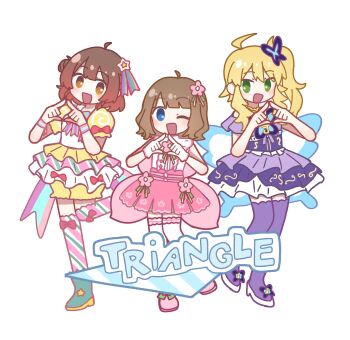 3girls ;d absurdres ahoge brown_eyes brown_hair butterfly_hair_ornament chiwawa174 commentary_request cosplay dress full_body gakuen_idolmaster group_name hair_ornament hanami_ume hands_up high_heels highres hoshii_miki idol idol_clothes idolmaster idolmaster_(classic) idolmaster_million_live! junon_(pripara) junon_(pripara)_(cosplay) kanon_(pripara) kanon_(pripara)_(cosplay) looking_at_viewer multiple_girls one_eye_closed open_mouth pink_skirt pinon_(pripara) pinon_(pripara)_(cosplay) pleated_skirt pretty_series pripara puffy_short_sleeves puffy_sleeves purple_dress purple_thighhighs shirt shoes short_sleeves shorts skirt smile standing standing_on_one_leg suou_momoko thighhighs triangle_hands white_shirt white_shoes yellow_shirt yellow_shorts