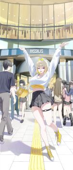 3boys 6+girls absurdres ahoge alternate_costume black_skirt blonde_hair breasts cleavage commentary elegg_(nikke) fang goddess_of_victory:_nikke hair_intakes highres large_breasts midriff_peek multiple_boys multiple_girls navel nikku_nana open_mouth pleated_skirt purple_eyes shoes short_hair skin_fang skindentation skirt smile solo_focus sweater symbol-only_commentary tank_top thigh_strap thighs white_sweater yellow_shoes yellow_tank_top