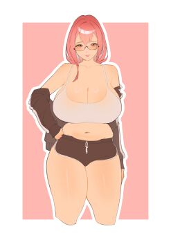 1girl absurdres alternate_breast_size_(larger) alternate_costume arm_at_side bare_shoulders belly black_jacket black_shorts blush border breasts camisole cleavage collarbone commentary cowboy_shot crop_top cropped_legs dolphin_shorts drawstring hand_on_own_hip highres huge_breasts jacket lee_zue_ky light_smile long_hair long_sleeves looking_at_viewer medium_breasts midriff navel off_shoulder open_clothes open_jacket orange_eyes outline outside_border parted_lips pink_background pink_hair short_shorts shorts simple_background solo standing track_jacket tsukishiro_yanagi white_border white_camisole white_outline zenless_zone_zero
