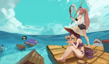 animal cloud deadbeat_(mori_calliope) fish fish_hook fishing fishing_line fishing_rod hat highres holding holding_animal holding_fish holding_fishing_rod hololive hololive_english holomyth kabujinuo mori_calliope ninomae_ina&#039;nis outdoors pink_eyes pink_hair sky straw_hat takodachi_(ninomae_ina&#039;nis) tentacle_hair tentacles virtual_youtuber water