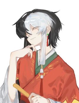 1boy black_hair brown_eyes chinese_clothes chinese_commentary closed_mouth commentary_request earrings eyelashes eyes_visible_through_hair folded_fan folding_fan hair_between_eyes half-closed_eyes hand_fan hand_on_own_chin hanfu happy highres infinity_nikki jewelry layered_sleeves lips long_sleeves male_focus multicolored_hair nikki_(series) official_alternate_costume red_hanfu short_hair_with_long_locks short_over_long_sleeves short_sleeves sidelocks simple_background smile solo split-color_hair tan_youyou_(infinity_nikki) tassel tassel_earrings two-tone_hair upper_body wendy985647 white_background white_hair white_sleeves