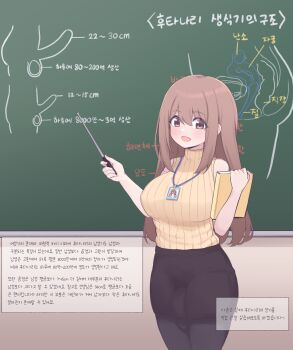 1futa absurdres anatomy bare_arms black_skirt black_thighhighs book breasts brown_eyes brown_hair bulge chalkboard covered_penis cowboy_shot futanari hair_between_eyes highres holding holding_book holding_pointer korean_text large_breasts long_hair looking_at_viewer minishell open_mouth original ovaries partially_translated penis pointer sex_ed skirt sleeveless sleeveless_sweater smile solo standing sweater thighhighs translation_request uterus yellow_sweater