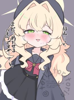 Rule 34 | 1girl, :p, beret, black pantyhose, black serafuku, black shirt, black skirt, blonde hair, blue archive, blush, bow, closed mouth, commentary request, green eyes, grey background, grey hat, grey jacket, grey sailor collar, hair between eyes, hair intakes, half-closed eyes, halo, hat, heavy breathing, highres, jacket, kujou karasuma, long hair, off shoulder, open clothes, open jacket, pantyhose, professor niyaniya (blue archive), red bow, sailor collar, school uniform, serafuku, shirt, simple background, skirt, smile, solo, tongue, tongue out, translation request, very long hair, watermark