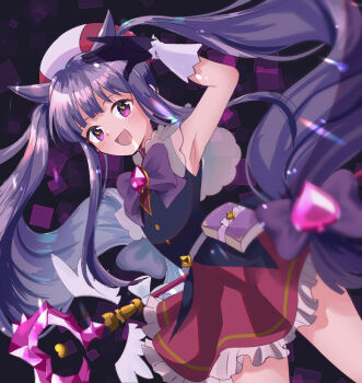 beret book bow bowtie commentary_request frilled_skirt frills gem gloves harukichi_13 hat highres hime_cut holding holding_staff kasumi_(magical_girl)_(princess_connect!) kasumi_(princess_connect!) long_hair magical_girl princess_connect! purple_bow purple_bowtie purple_eyes purple_gem purple_hair skirt smile staff twintails