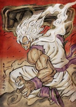 Rule 34 | 1boy, alternate form, belt, chien chih kang, clenched teeth, cloud, cloud hair, cosplay, curly eyebrows, devil fruit power, dougi, dragon ball, dragonball z, feet out of frame, fighting stance, flying nimbus, full body, gear fifth, haki (one piece), hands up, large hands, male focus, monkey d. luffy, monkey d. luffy (cosplay), one piece, purple belt, raised fist, red background, red eyes, solo, son goku, standing, teeth, translation request, v-shaped eyebrows, white dougi, white hair, wristband