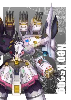 absurdres black_hair blue_eyes border character_name commentary english_commentary fusion glasses gundam gundam_unicorn highres kson mecha mechanical_hair mechanization neo_zeong no_humans open_hand robot science_fiction skyeyteng souchou virtual_youtuber vshojo white_border