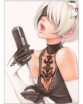 1girl 2b_(nier:automata) adapted_costume bare_shoulders black_dress black_gloves black_hairband blindfold border breasts commentary covered_eyes dress elbow_gloves english_commentary facing_ahead flower gloves hair_flower hair_ornament hairband highres holding holding_microphone holding_microphone_stand lips medium_breasts microphone microphone_stand mole mole_under_mouth multicolored_gloves nier:automata nier_(series) omar_dogan open_mouth scan short_hair simple_background singing sleeveless sleeveless_dress solo traditional_media two-tone_gloves upper_body vintage_microphone white_background white_border white_flower white_gloves white_hair