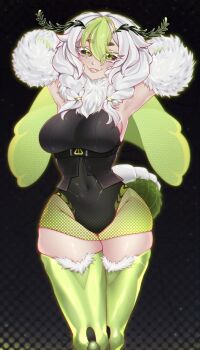 1girl absurdres antennae armpits arms_behind_head arthropod_girl black_leotard black_sclera braid breasts colored_sclera commentary english_commentary fang fluffy green_eyes green_hair highres indie_virtual_youtuber insect_girl juniper_actias large_breasts leotard looking_at_viewer monster_girl moth_antennae moth_girl neck_fur sitraell skin_fang tail thick_thighs thighhighs thighs twin_braids virtual_youtuber white_hair wide_hips