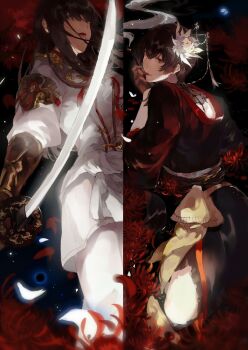 1boy 1girl absurdres arm_guards asahi_sas_brutus black_collar black_hair black_kimono brother_and_sister brown_eyes chinese_commentary collar commentary_request cosplay costume_switch cowboy_shot crossdressing epiphyllum falling_petals final_fantasy final_fantasy_xiv flower gauntlets glowing glowing_petals glowing_sword glowing_weapon hair_flower hair_ornament hair_stick highres holding holding_smoking_pipe holding_sword holding_weapon hyur jacket japanese_clothes kimono kiseru lace_collar long_hair looking_at_viewer looking_back mole mole_under_mouth mrthersh obi obiage petals red_flower red_lips role_reversal sash short_hair siblings smoke smoking_pipe spider_lily split_screen sword tsuba_(guard) weapon white_jacket yotsuyu_goe_brutus