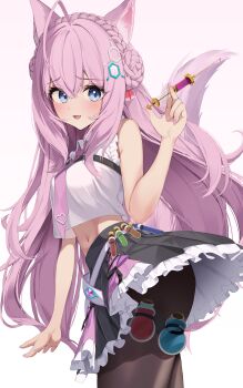1girl absurdres animal_ears black_skirt blouse blue_eyes cowboy_shot cropped_shirt daimi_94 from_side hakui_koyori hand_up highres holding holding_syringe hololive navel necktie open_mouth pantyhose pink_hair pink_necktie pleated_skirt potion shirt skirt sleeveless sleeveless_shirt solo standing syringe vial virtual_youtuber white_shirt