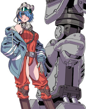 Rule 34 | 1girl, bare shoulders, blue hair, boots, breasts, commentary request, gloves, green eyes, headgear, highres, jacket, mecha, mecha pilot suit, open clothes, open jacket, parted lips, robot, short hair, simple background, solo, soukou kihei votoms, white background, yamashita shun'ya
