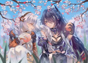 2girls ^_^ acheron_(honkai:_star_rail) ahoge black_choker black_gloves black_hairband blue_eyes blue_sky braid breasts cherry_blossoms choker cleavage closed_eyes coconuthound commentary_request day food fruit gloves grin hairband highres holding holding_food holding_fruit honkai:_star_rail honkai_(series) honkai_impact_3rd in-franchise_crossover kiana_kaslana long_hair medium_breasts mihoyo multiple_girls peach purple_hair single_bare_shoulder sky smile star_(symbol) very_long_hair white_gloves white_hair