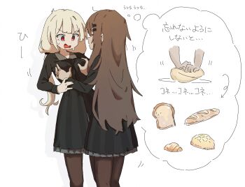 blonde_hair bread breasts brown_hair collared_dress dress food hair_ornament hairclip highres imagining kneading_(behavior) kneading_dough laica_(sentinel_girls) long_hair low_twintails marfusha_(sentinel_girls) medium_breasts nendo23 pantyhose red_eyes sentinel_girls sweatdrop twintails very_long_hair
