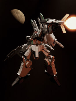 3d absurdres arm_cannon battle blender_(medium) commentary energy_cannon english_commentary firing glowing glowing_eyes gundam highres machinery mecha mjeff mobile_suit moon no_humans robot science_fiction shield silver_bullet_(mobile_suit) space weapon zero_gravity