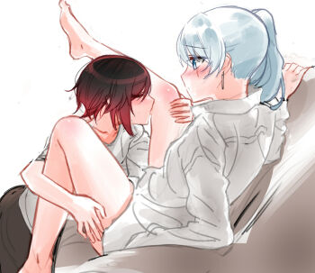 2girls bad_deviantart_id bad_id barefoot black_hair blue_eyes blush closed_eyes collared_shirt eyes_visible_through_hair hands_on_own_hips hands_on_legs kiss multicolored_hair multiple_girls ndgd red_hair ruby_rose rwby scar scar_across_eye scar_on_face shirt short_hair silver_hair simple_background weiss_schnee white_background yuri