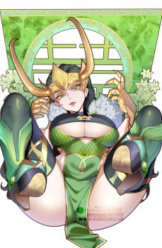 1girl black_hair black_thighhighs breasts cape dress fake_horns fur-trimmed_cape fur_trim gold_gauntlets gold_headwear green_dress green_eyes high_heels highres horned_headwear horned_tiara horns hot_vr lady_loki large_breasts lips loki_(marvel) long_hair looking_at_viewer marvel marvel_rivals pelvic_curtain solo thighhighs tiara underboob