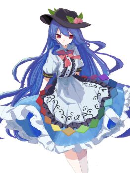 Rule 34 | 1girl, blue hair, blue skirt, bow, bowtie, closed mouth, collared shirt, commentary request, floating hair, frills, hat, hinanawi tenshi, kouten, long hair, peach hat ornament, red bow, red bowtie, red eyes, shirt, short sleeves, skirt, smile, solo, touhou, white background, white shirt