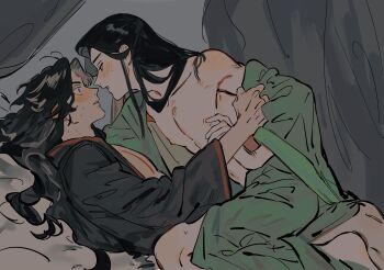 2boys absurdres adam&#039;s_apple akmizuk antenna_hair armpit_peek barefoot bent_over black_hair black_hanfu blush chinese_clothes clothes_grab collarbone curly_hair curtained_hair dutch_angle face-to-face from_side green_hanfu grey_background half-closed_eyes hanfu highres imminent_kiss knees_up long_hair looking_at_another luo_binghe lying messy_hair multiple_boys navel nipples nose_blush off_shoulder on_back on_bed open_clothes open_robe parted_bangs parted_lips pectorals renzha_fanpai_zijiu_xitong robe shen_qingqiu side_slit sitting sitting_on_person straddling straight_hair sweat topless_male undressing_another very_long_hair wide-eyed wide_sleeves yaoi zuiyin