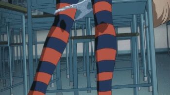 1girl animated animated_gif blonde_hair brown_eyes desk kodomo_no_jikan kokonoe_rin loli long_hair lowres panties panty_pull presenting skirt striped_clothes striped_thighhighs thighhighs twintails underwear very_long_hair