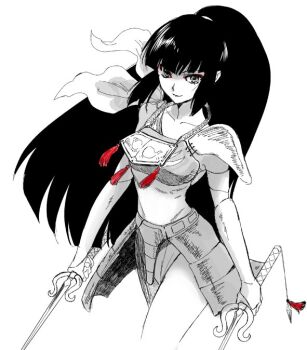 Rule 34 | 1girl, armor, collarbone, cowboy shot, dual wielding, greyscale, holding, holding sword, holding weapon, kayura, kitou en, long hair, looking at viewer, monochrome, pauldrons, ponytail, yoroiden samurai troopers, shoulder armor, sidelocks, smile, solo, sword, tassel, weapon, white background, yoroiden samurai troopers