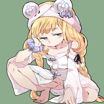 1girl barefoot blonde_hair cagliostro_(granblue_fantasy) cleft_of_venus commentary_request expressionless flat_chest full_body granblue_fantasy green_background highres long_hair looking_at_viewer purple_eyes pussy robe simple_background solo squatting toes uncensored white_robe yucopi