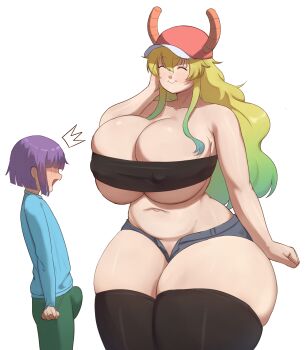 1boy 1girl absurdres adapted_costume bare_shoulders baseball_cap blonde_hair blue_shirt breasts bulge cleavage closed_eyes closed_mouth collarbone covered_erect_nipples cowboy_shot curvy dragon_horns erection erection_under_clothes gradient_hair green_hair green_pants hat highres horns huge_breasts kobayashi-san_chi_no_maidragon long_sleeves lucoa_(maidragon) magatsuchi_shouta multicolored_hair navel open_fly pants shirt short_shorts shorts size_difference skindentation smile standing strapless thick_thighs thighhighs thighs transparent_background triagorodri tube_top underboob
