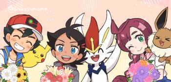 1girl 2boys ;) antenna_hair ash_ketchum black_hair blue_eyes blue_skirt blue_vest blush_stickers bouquet chloe_(pokemon) cinderace closed_eyes closed_mouth collarbone commentary_request eevee flower gen_1_pokemon gen_8_pokemon goh_(pokemon) green_eyes grey_shirt grin happy hat highres multiple_boys nintendo on_shoulder one_eye_closed open_clothes open_vest pikachu pokemon pokemon_(anime) pokemon_(creature) pokemon_journeys pokemon_on_shoulder pokesumomo red_hat shirt short_hair short_sleeves skirt smile teeth vest white_shirt