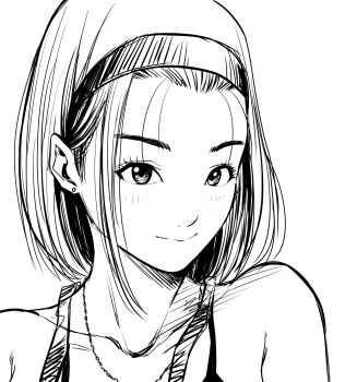 1girl camisole collarbone commentary_request earrings hairband highres jewelry lee_(dragon_garou) light_blush monochrome necklace original portrait sketch smile solo spot_color stud_earrings