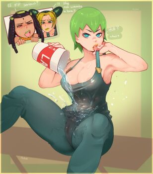 3girls areola_slip black_hair blonde_hair blue_eyes blush breasts chibi chibi_inset cleft_of_venus commentary cone_hair_bun cup double_bun dreadlocks english_commentary english_text ermes_costello foo_fighters_(jojo) green_hair green_lips hair_bun hair_ornament highres holding holding_cup jojo_no_kimyou_na_bouken justrube kuujou_jolyne looking_at_viewer medium_hair multicolored_hair multiple_girls no_bra open_mouth overalls pouring pouring_onto_self shirt short_hair signature simple_background stone_ocean sweatdrop tongue tongue_out two-tone_hair water wet wet_clothes wet_shirt
