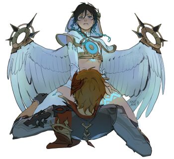 2boys angel_wings aqua_eyes aqua_hair black_hair blush bridal_gauntlets brown_hair capelet chest_tattoo convenient_censoring crop_top feathered_wings frown genshin_impact glowing glowing_tattoo gradient_hair grey_jacket hand_on_another&#039;s_thigh highres hood hood_up hooded_capelet implied_sex jacket kallynnekmi leg_up looking_at_another lying male_focus mask mask_on_head multicolored_hair multiple_boys on_back short_hair short_shorts shorts simple_background single_thighhigh straddling sweatdrop tartaglia_(genshin_impact) tattoo thighhighs venti_(archon)_(genshin_impact) venti_(genshin_impact) white_background white_bridal_gauntlets white_capelet white_shorts white_thighhighs white_wings wings yaoi