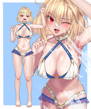 Rule 34 | 1girl, absurdres, antenna hair, arcueid brunestud, bare shoulders, bikini, blonde hair, blue background, blue notuki, border, breasts, cleavage, collarbone, cowboy shot, frilled bikini, frills, full body, highres, large breasts, multiple views, navel, one eye closed, red eyes, short hair, simple background, standing, swimsuit, tsukihime, white bikini, white border