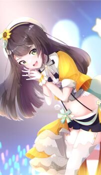 1girl absurdres argyle_clothes argyle_thighhighs artist_name beret black_hair black_shorts blue_eyes blurry blurry_background bow center_frills clothing_cutout concert corset cropped_jacket emutakanoe feet_out_of_frame frilled_wrist_cuffs frills garter_straps green_sash grey_corset hat highres hololive interlocked_fingers jacket layered_skirt long_hair looking_at_viewer midriff navel official_alternate_costume oozora_subaru oozora_subaru_(starlight) open_mouth orange_jacket orange_skirt overskirt own_hands_together pinstripe_jacket pinstripe_pattern pinstripe_skirt sash shorts signature skirt smile solo standing standing_on_one_leg striped_clothes striped_skirt suspender_shorts suspenders thighhighs underbust vertical-striped_clothes vertical-striped_skirt virtual_youtuber waist_bow white_garter_straps white_hat white_thighhighs wrist_cuffs