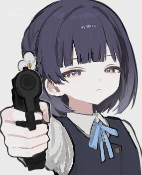 1girl aiming aiming_at_viewer black_vest blue_ribbon braid closed_mouth collared_shirt dress_shirt finger_on_trigger gakuen_idolmaster gun half-closed_eyes hand_up handgun hataya_misuzu hatsuboshi_gakuen_school_uniform highres holding holding_gun holding_weapon idolmaster kakuzatou_(sugar_xouox) looking_at_viewer medium_hair mole mole_under_mouth neck_ribbon purple_eyes purple_hair ribbon school_uniform shirt side_braid simple_background solo upper_body vest weapon white_background white_shirt