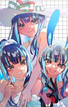 3girls animal_ears bare_shoulders black_hair blue_hair cheek_poking choker fate/grand_order fate_(series) hat highres looking_at_viewer multicolored_hair multiple_girls poking rabbit_ears simple_background smile sun_hat swimsuit tenochtitlan_(fate) tenochtitlan_(swimsuit_mooncancer)_(fate) tenochtitlan_(swimsuit_mooncancer)_(first_ascension)_(fate) tenochtitlan_(swimsuit_mooncancer)_(second_ascension)_(fate) tenochtitlan_(swimsuit_mooncancer)_(third_ascension)_(fate) two-tone_hair umeshu_kan white_hat