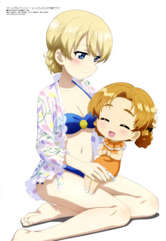 2girls :d absurdres akiyama_yuki_(artist) anime_coloring bare_legs barefoot bikini black_bow blonde_hair blue_bikini blue_eyes bow braid braided_hair_rings breasts casual_one-piece_swimsuit cleavage closed_eyes closed_mouth collarbone copyright_name copyright_notice darjeeling_(girls_und_panzer) full_body girls_und_panzer hair_bow hair_rings halterneck hand_on_another's_head highres looking_at_another magazine_scan medium_breasts megami_magazine multiple_girls nape_braid navel official_art one-piece_swimsuit open_mouth orange_hair orange_one-piece_swimsuit orange_pekoe_(girls_und_panzer) scan simple_background sitting sitting_on_lap sitting_on_person sitting_sideways smile stomach swimsuit third-party_source white_background yokozuwari