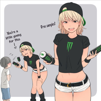 1boy 1girl backwards_hat baseball_cap belt blonde_hair breasts can child cropped_shirt earrings hat highres jewelry kemuri_haku kneehighs leaning_forward long_hair looking_at_viewer medium_breasts midriff monster_energy navel open_mouth original shirt short_shorts shorts socks stud_earrings t-shirt thigh_gap translated wristband