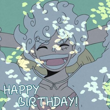 1boy :d ^_^ alternate_form arms_behind_head bad_id bad_twitter_id closed_eyes happy_birthday hat highres lying male_focus monkey_d._luffy on_back on_grass one_piece open_mouth outdoors portgaspade scar scar_on_chest scar_on_face shirt short_hair smile solo straw_hat upper_body white_hair white_shirt