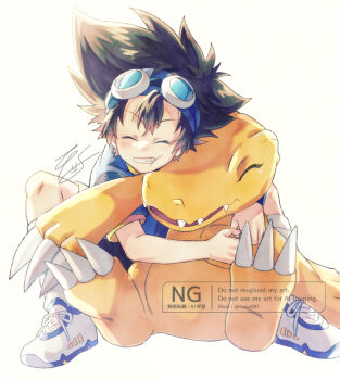 Rule 34 | agumon, blue headband, blue shirt, brown hair, brown shorts, closed eyes, digimon, digimon (creature), digimon adventure, goggles, goggles on head, headband, hug, hug from behind, konagonana, medium hair, sharp teeth, shirt, shorts, simple background, teeth, watermark, white background, yagami taichi