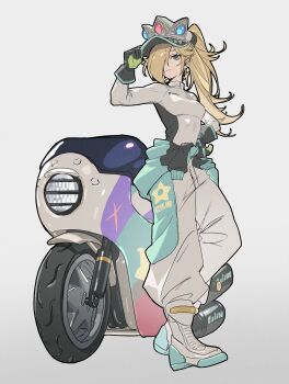 1girl biker_clothes bikesuit blonde_hair blue_eyes bodysuit breasts closed_mouth clothes_around_waist crown daniel_deng earrings gloves hair_over_one_eye hat highres jacket jacket_around_waist jewelry long_hair long_sleeves looking_at_viewer mario_(series) mario_kart mario_kart_world motor_vehicle motorcycle nintendo official_alternate_costume ponytail racing_suit rosalina rosalina_(pro_racer) smile solo star_(symbol) star_earrings