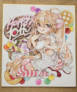 1girl :q apron ass blonde_hair brown_eyes butt_crack candy commentary_request food full_body highres kodomo_no_jikan kokonoe_rin licking_lips long_hair looking_at_viewer panties photo_(medium) shikishi shoes sitting solo striped_clothes striped_panties striped_thighhighs thighhighs tongue tongue_out traditional_media twintails underwear uwabaki very_long_hair wariza watashiya_kaworu whipped_cream