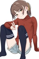 Rule 34 | 1girl, arm support, blue thighhighs, bouen, brown hair, coat, commentary request, denim, denim shorts, green coat, hair ribbon, highres, knees up, original, ponytail, red sweater, ribbed sweater, ribbon, shorts, sitting, solo, sweater, thighhighs, v, white background, yellow eyes, yellow ribbon