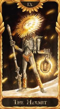 1boy absurdres black_background border bracelet cape colored_pencil_(medium) colored_skin commentary elden_ring emaciated english_commentary english_text full_body glowing gold_bracelet goldmask's_mask goldmask_(elden_ring) grey_skin highres holding holding_lantern holding_staff hugo_pereira jewelry lantern leg_warmers light_particles loincloth male_focus mast no_shoes ornate_border roman_numeral sand solo staff standing tarot the_hermit_(tarot) traditional_media white_cape yellow_leg_warmers