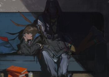 1girl 1other amiya_(arknights) animal_ears anklet arknights black_jacket blue_eyes blue_shoes book book_stack brown_hair closed_mouth couch doctor_(arknights) gloves hair_between_eyes hand_on_another's_back hand_on_own_chin hashtag-only_commentary helmet highres hood hood_up indoors jacket jewelry long_hair long_sleeves looking_at_viewer lying lying_on_lap miniskirt multiple_rings on_couch open_clothes pants pantyhose pleated_skirt ponytail rabbit_ears ring shadow shoes siguma_(13238772100) sitting skirt very_long_hair