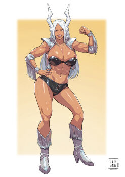 1girl absurdres animal_ears black_bra black_panties boku_no_hero_academia boots bra breasts cirenk cosplay dark-skinned_female dark_skin highres large_breasts long_hair looking_at_viewer mirko panties rabbit_ears rabbit_girl red_eyes solo tina_armstrong tina_armstrong_(cosplay) underwear white_boots white_hair