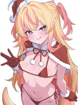 1girl absurdres bikini blonde_hair blush breasts commentary gloves grin hat highres indie_virtual_youtuber long_hair looking_at_viewer mekato multicolored_hair navel ngern_tong pink_hair purple_eyes red_bikini red_gloves red_hat santa_hat simple_background small_breasts smile solo swimsuit two-tone_hair very_long_hair virtual_youtuber white_background