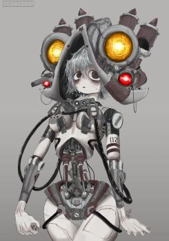 absurdres breasts brown_eyes droid hashtag-only_commentary highres koshevan large_breasts original red_nails robot scared short_hair white_hair wide_hips wire yellow_eyes