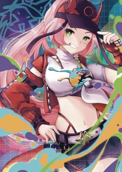 1girl absurdres asymmetrical_sleeves baseball_cap belt black_hat black_shorts blush breasts bridal_gauntlets commentary cowboy_shot crop_top cropped_jacket fishnet_bridal_gauntlets fishnet_top fishnets graffiti green_eyes grin hand_on_headwear hand_on_own_hip hand_up hat highres honkai:_star_rail honkai_(series) horned_hat jacket long_hair looking_at_viewer medium_breasts midriff navel open_clothes open_jacket pink_hair ponytail rappa_(honkai:_star_rail) red_arm_warmers red_jacket rudo_78 shirt shorts sidelocks smile solo spray_can standing teeth tied_shirt uneven_sleeves very_long_hair white_belt white_shirt wrist_belt