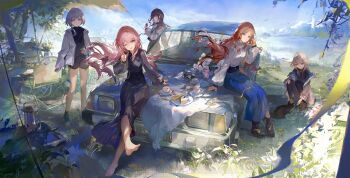 5girls bang_dream! bang_dream!_it&#039;s_mygo!!!!! barefoot black_cat black_dress black_shorts blue_sky boots brown_hair camera car cat chair chihaya_anon commentary_request cup day dress fork grey_hair highres jacket kaname_raana looking_at_viewer motor_vehicle multiple_girls mygo!!!!!_(bang_dream!) nagasaki_soyo on_car open_clothes open_jacket outdoors picnic picnic_blanket pink_hair plate shiina_taki shirt shorts sky takamatsu_tomori teacup teapot v white_shirt zombie_ke