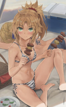 2girls animal_print artoria_pendragon_(fate) ass bare_shoulders bikini blonde_hair blue_bikini blush braid breasts butt_crack commentary_request eating fate/grand_order fate_(series) food green_eyes hair_ornament hair_scrunchie highres long_hair looking_at_viewer mordred_(fate) multiple_girls navel parted_bangs ponytail red_scrunchie saber_(fate) scrunchie sidelocks skewer small_breasts swimsuit tonee variant_set white_bikini zebra_print