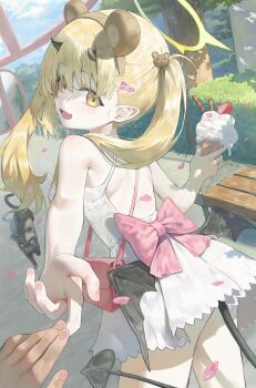 1girl alternate_costume black_horns black_tail black_wings blue_archive demon_girl demon_horns demon_tail demon_wings dress food halo highres horns ibuki_(blue_archive) ice_cream loli low_wings merong_(sou47897) pov pov_hands tail white_dress wings yellow_halo